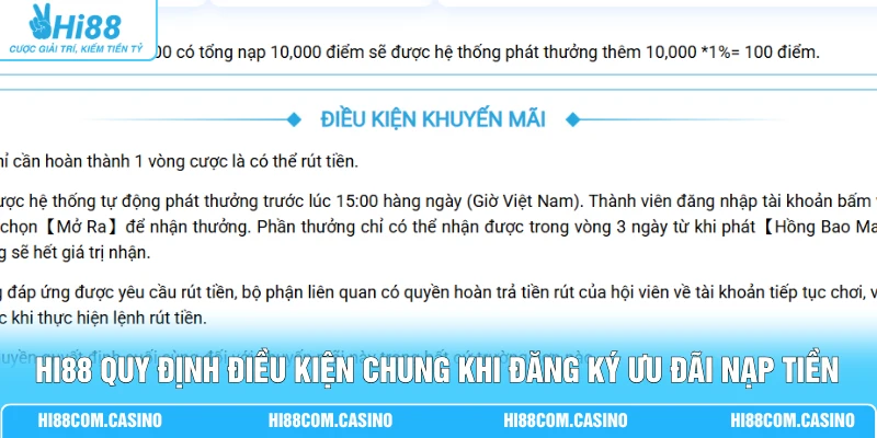 Khuyến Mãi Nạp Tiền Hi88 Giá Trị 5% Đến 20% Cho Hội Viên 2 Hi88 quy định điều kiện chung khi đăng ký ưu đãi nạp tiền