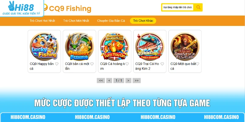 Mức cược được thiết lập theo từng tựa game