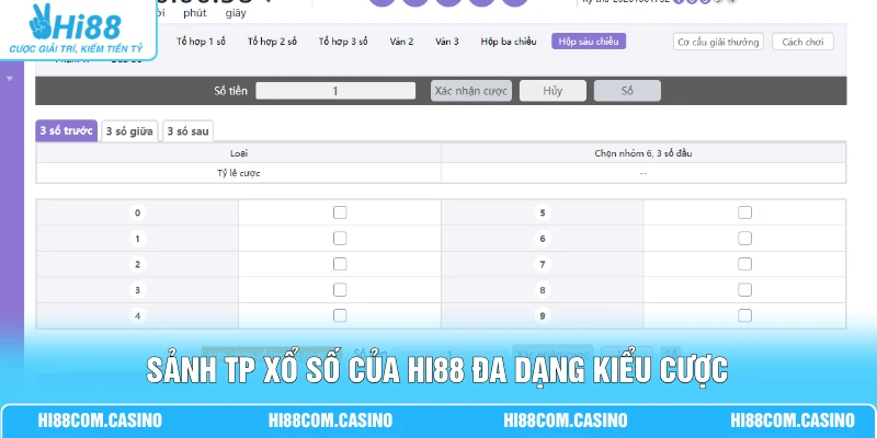 Sảnh TP xổ số của Hi88 đa dạng kiểu cược